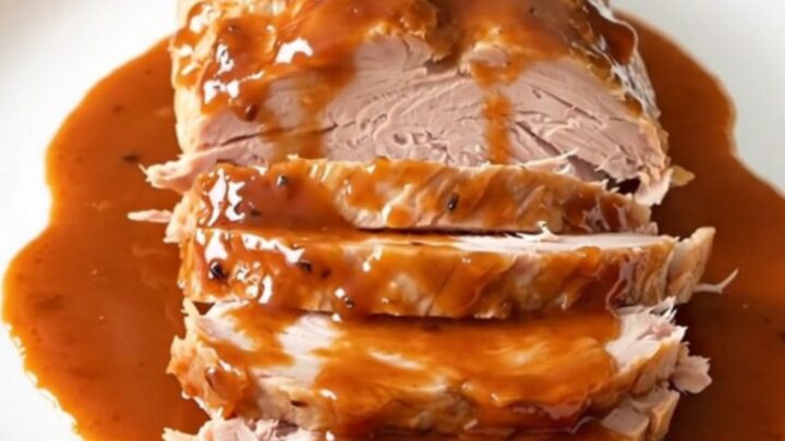 A close-up of a succulent, glazed turkey breast in a slow cooker topped with red bell peppers.