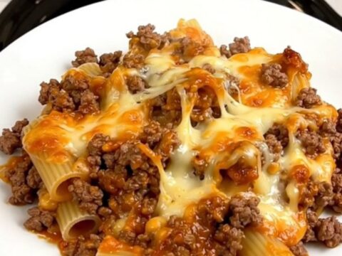 A steaming, glossy portion of beef rigatoni served on a plain white plate, showing the rich tomato sauce.
