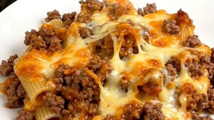 A steaming, glossy portion of beef rigatoni served on a plain white plate, showing the rich tomato sauce.
