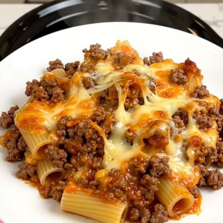 A steaming, glossy portion of beef rigatoni served on a plain white plate, showing the rich tomato sauce.