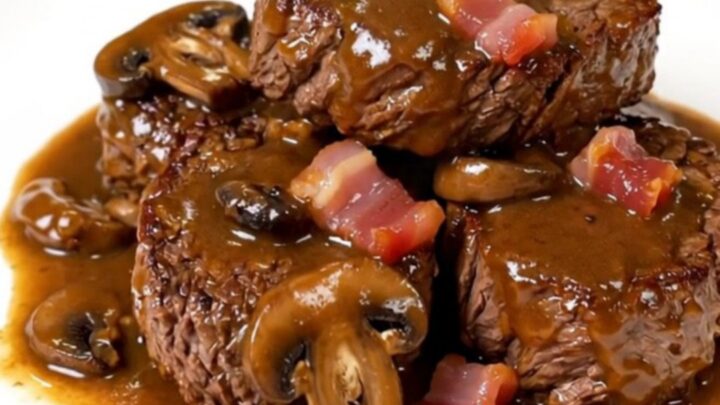 A close-up of tender, glossy beef chuck cubes served on a white plate with sautéed mushrooms and bacon.