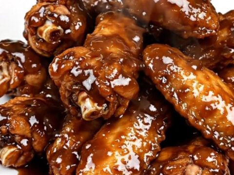A close-up of glossy, smoky chipotle lime chicken wings on a white plate.