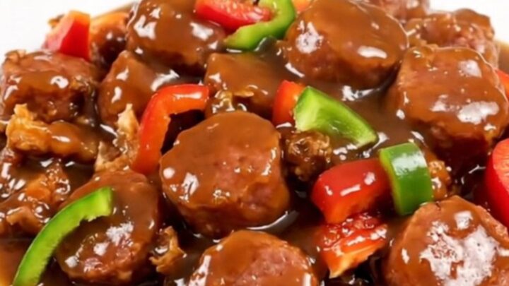 A steaming slow cooker filled with Italian sausage, chopped bell peppers, and a savory broth.