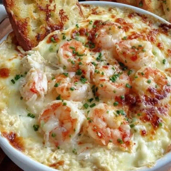 A white ceramic dish filled with bubbling, golden-brown cheesy shrimp and crab dip topped with fresh chives.