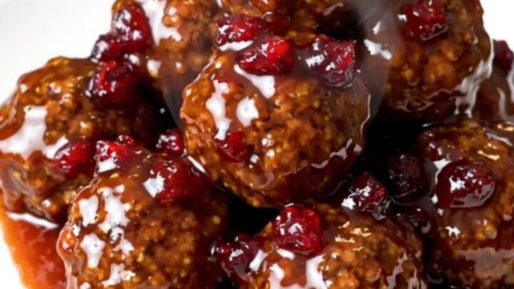 A black slow cooker filled with glazed meatballs on a white quartz countertop.