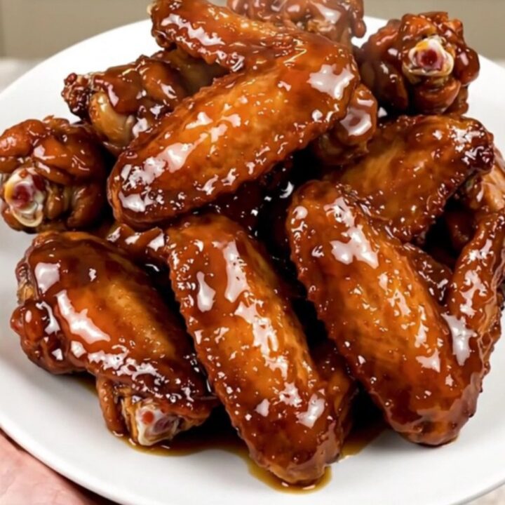 A top-down view of raw chicken wings and ingredients in a black slow cooker bowl on a quartz countertop.