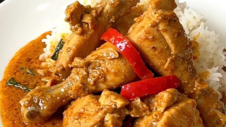 A top-down view of a black slow cooker containing raw chicken, sliced red peppers, and coconut milk.