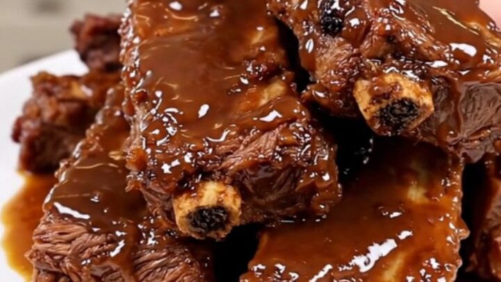 A close-up of tender, glossy pork ribs served on a white plate with bell peppers and onions.