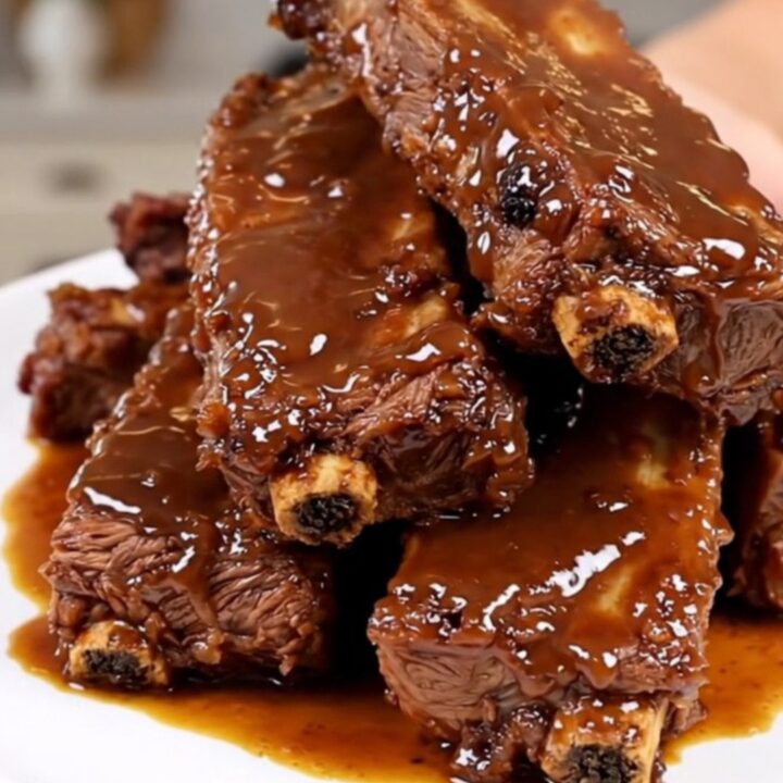 A close-up of tender, glossy pork ribs served on a white plate with bell peppers and onions.