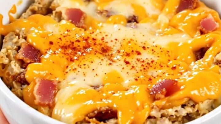 A warm, creamy smoked gouda and bacon dip served in a white bowl with toasted bread.