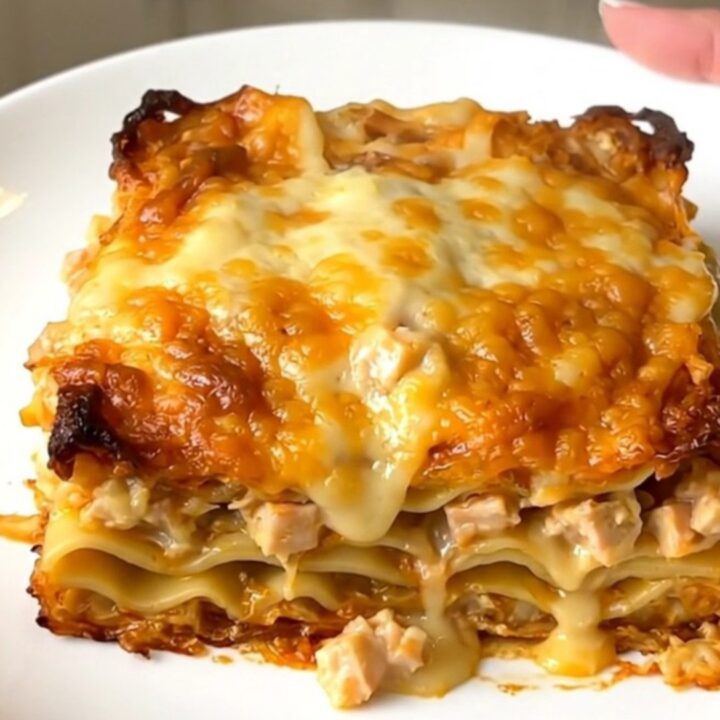 A creamy butternut squash alfredo lasagna served on a white plate.