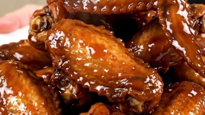 A plate of glossy, dark brown bourbon glazed chicken wings garnished with sliced green onions.