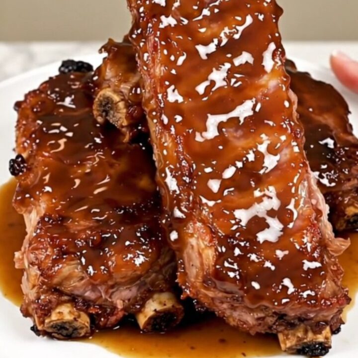 Close-up of tender, glazed maple bourbon country-style ribs on a white plate.