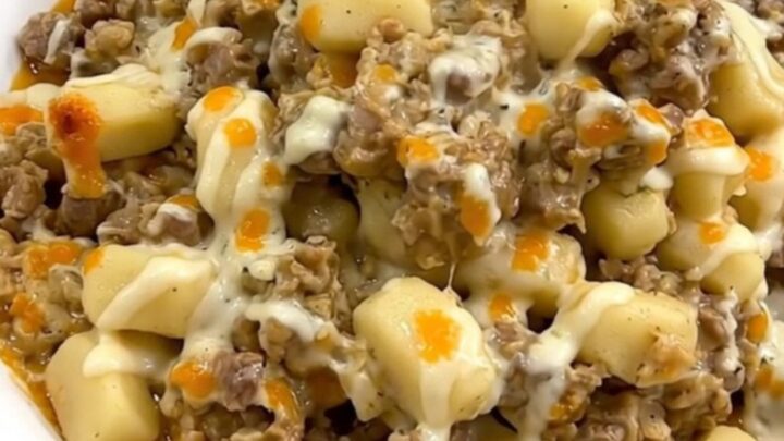 A steaming, creamy beef and gnocchi casserole served on a plain white plate