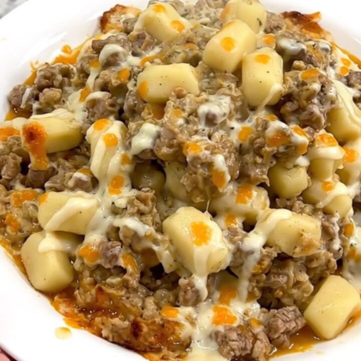 A steaming, creamy beef and gnocchi casserole served on a plain white plate