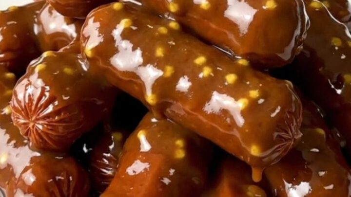 A close-up of glossy, glazed cocktail smokies served on a white plate.