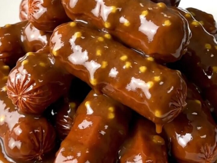 A close-up of glossy, glazed cocktail smokies served on a white plate.