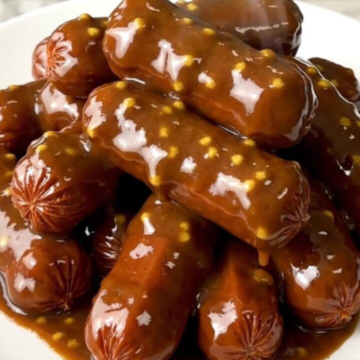 A close-up of glossy, glazed cocktail smokies served on a white plate.