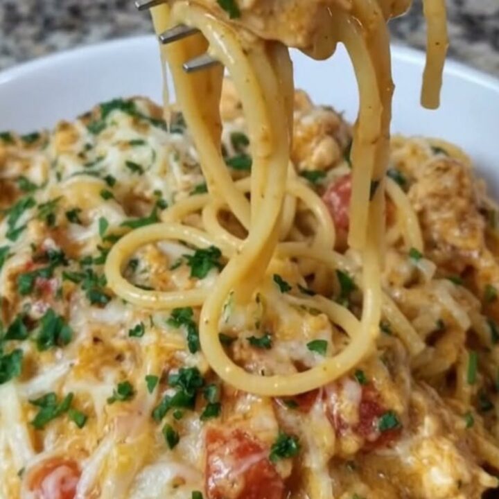 A close-up of creamy Rotel chicken spaghetti on a white plate with melted cheese strings.
