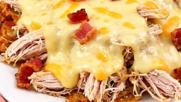 A slow cooker filled with creamy shredded chicken, bacon, and melted muenster cheese.