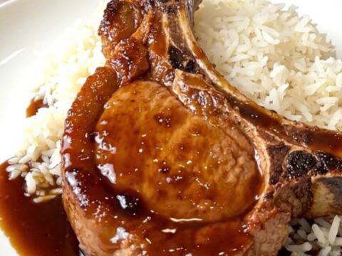 A close-up of a glossy, glazed pork chop served over steamed white rice on a round plate.