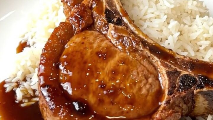 A close-up of a glossy, glazed pork chop served over steamed white rice on a round plate.