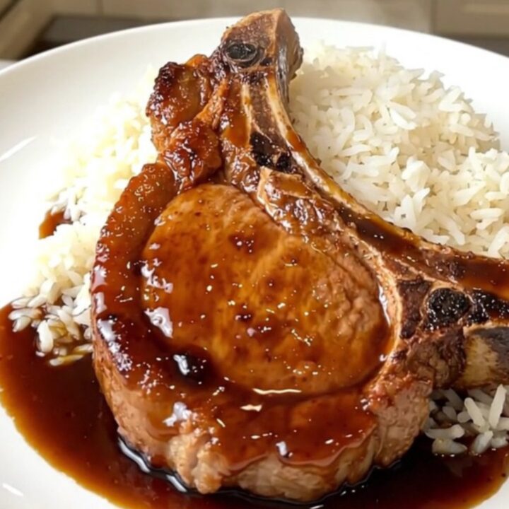 A close-up of a glossy, glazed pork chop served over steamed white rice on a round plate.