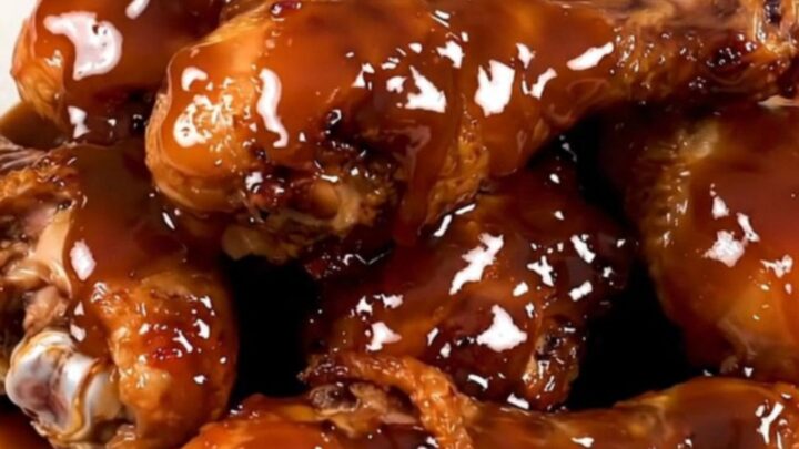 A top-down view of raw chicken drumsticks in a slow cooker with maple bourbon sauce and onions.