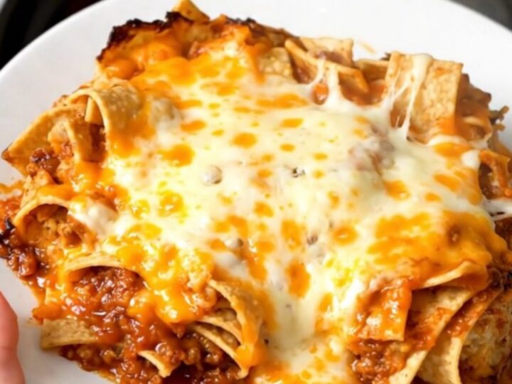 A steaming, savory slow cooker chicken tortilla casserole served on a white plate.