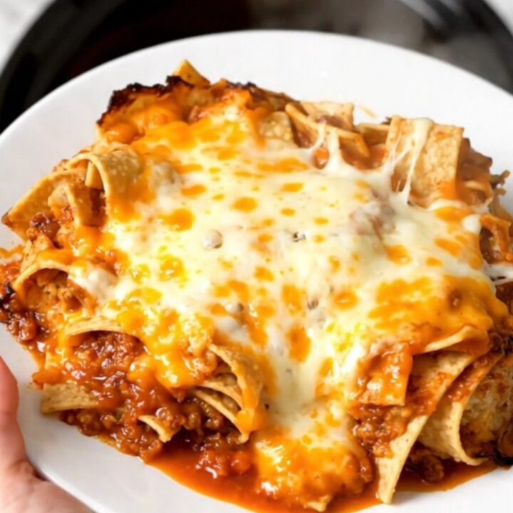 A steaming, savory slow cooker chicken tortilla casserole served on a white plate.