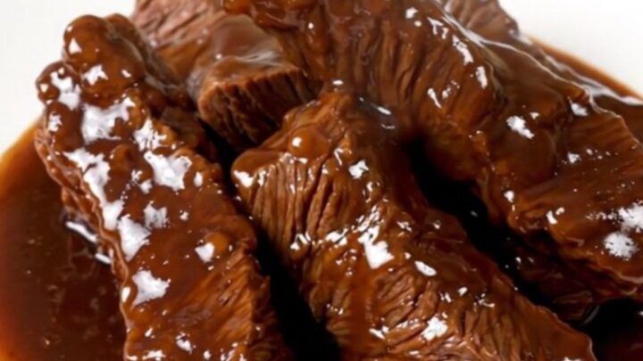 A top-down view of tender beef tips in a rich apple cider glaze served on a white plate.