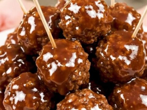 A top-down view of glazed beef meatballs with bacon in a slow cooker on a white quartz countertop.