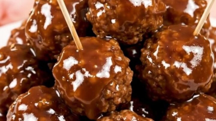 A top-down view of glazed beef meatballs with bacon in a slow cooker on a white quartz countertop.