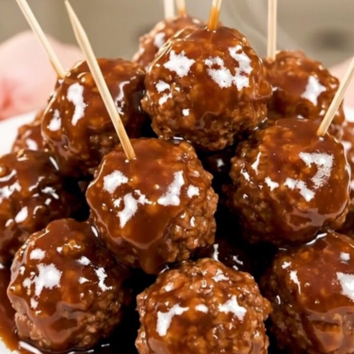 A top-down view of glazed beef meatballs with bacon in a slow cooker on a white quartz countertop.