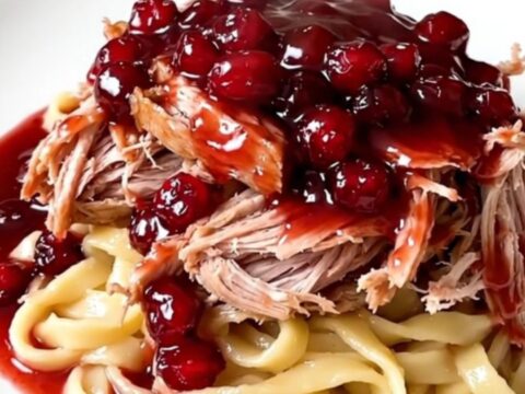 A rustic crockpot cranberry orange pork roast served on a white plate with egg noodles.