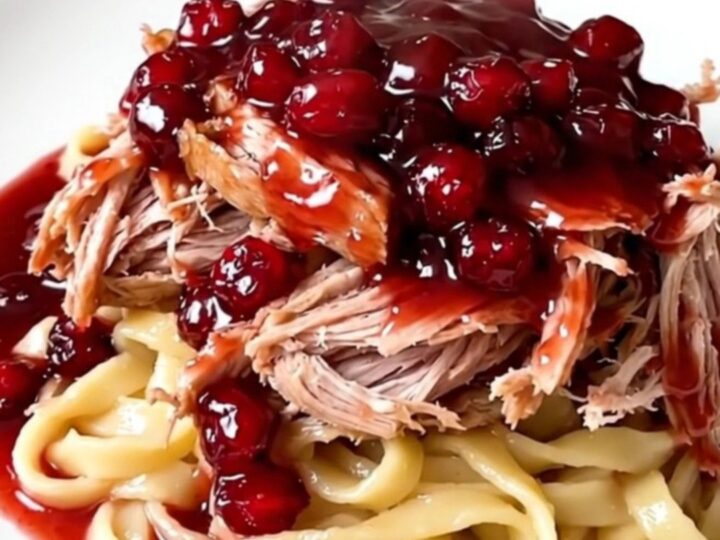 A rustic crockpot cranberry orange pork roast served on a white plate with egg noodles.