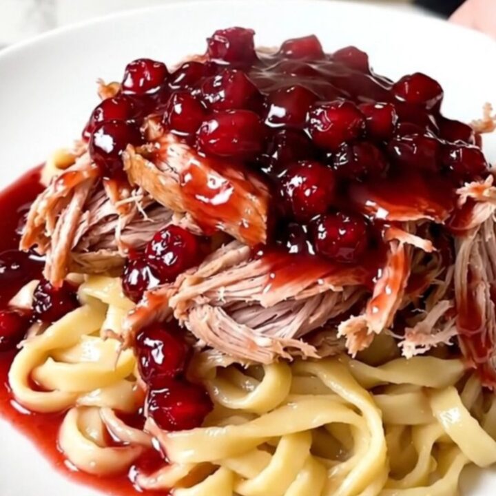 A rustic crockpot cranberry orange pork roast served on a white plate with egg noodles.