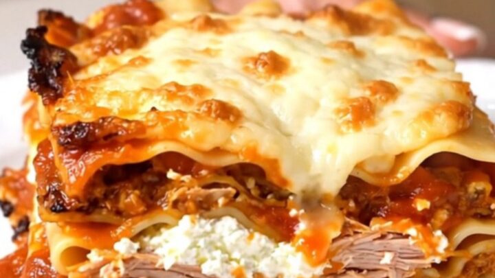 A steaming slice of slow cooker turkey marinara lasagna on a white plate with melted mozzarella.
