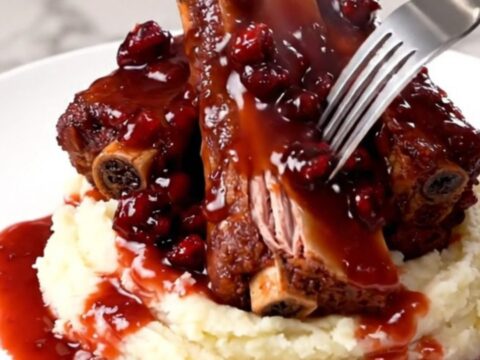 A close-up of glossy, tender cranberry glazed pork ribs served over a bed of creamy mashed potatoes.