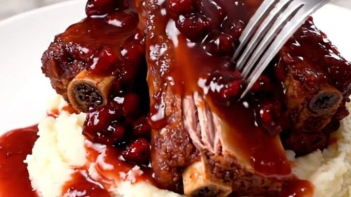 A close-up of glossy, tender cranberry glazed pork ribs served over a bed of creamy mashed potatoes.