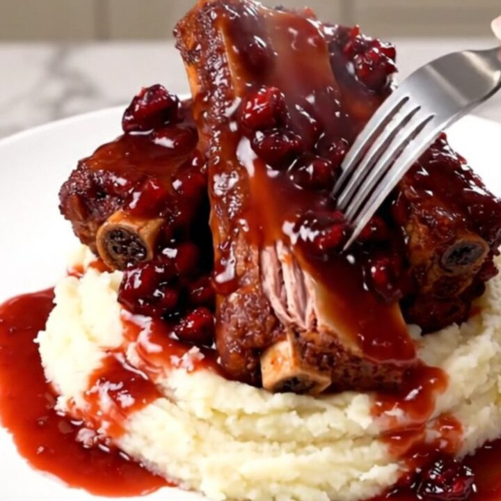A close-up of glossy, tender cranberry glazed pork ribs served over a bed of creamy mashed potatoes.