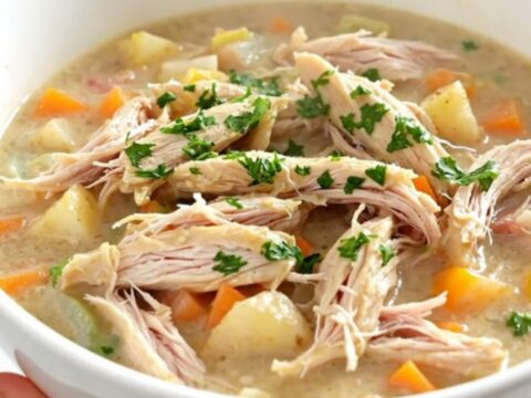 A steaming bowl of creamy ranch chicken stew with tender chicken and baby potatoes.