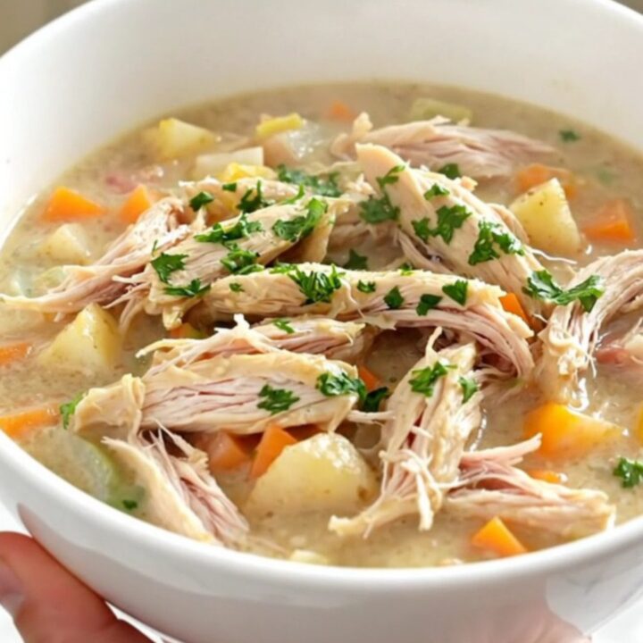 A steaming bowl of creamy ranch chicken stew with tender chicken and baby potatoes.
