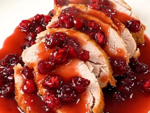 A close-up of tender, sliced turkey medallions coated in a glossy, vibrant red cranberry glaze on a white plate.