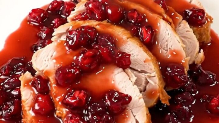A close-up of tender, sliced turkey medallions coated in a glossy, vibrant red cranberry glaze on a white plate.