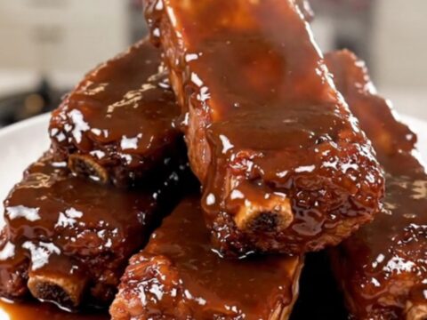A plate of tender, slow-cooked chipotle honey country-style ribs with a glossy glaze.