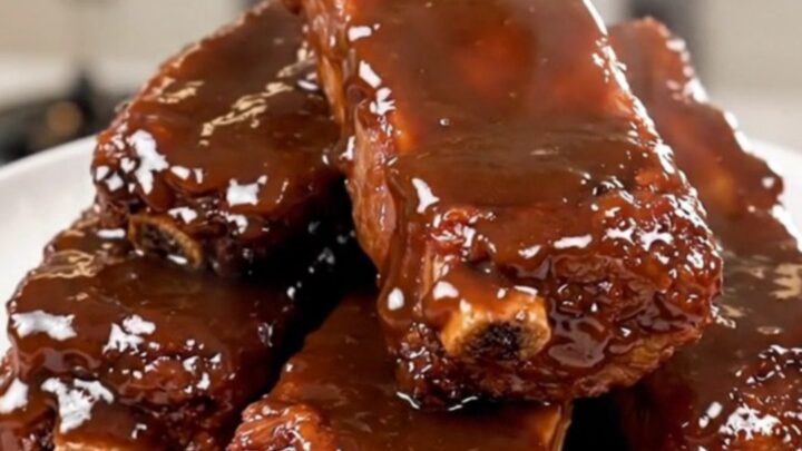 A plate of tender, slow-cooked chipotle honey country-style ribs with a glossy glaze.