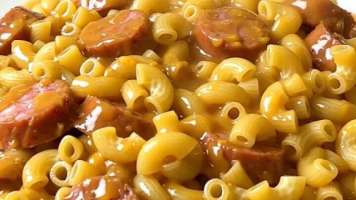 A steaming, creamy bowl of macaroni with sliced smoked sausage and taco seasoning.