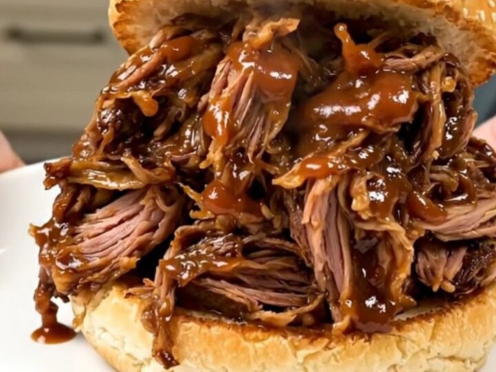 A close-up of a glossy, tender pulled pork sandwich on a sesame bun on a white plate.