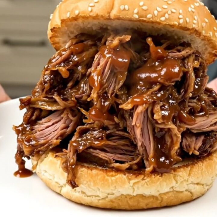 A close-up of a glossy, tender pulled pork sandwich on a sesame bun on a white plate.